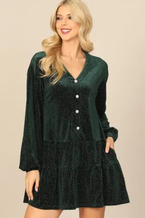 VELVET LONG PUFF SLEEVE BUTTON DETAIL SILVER DETAIL DRESS