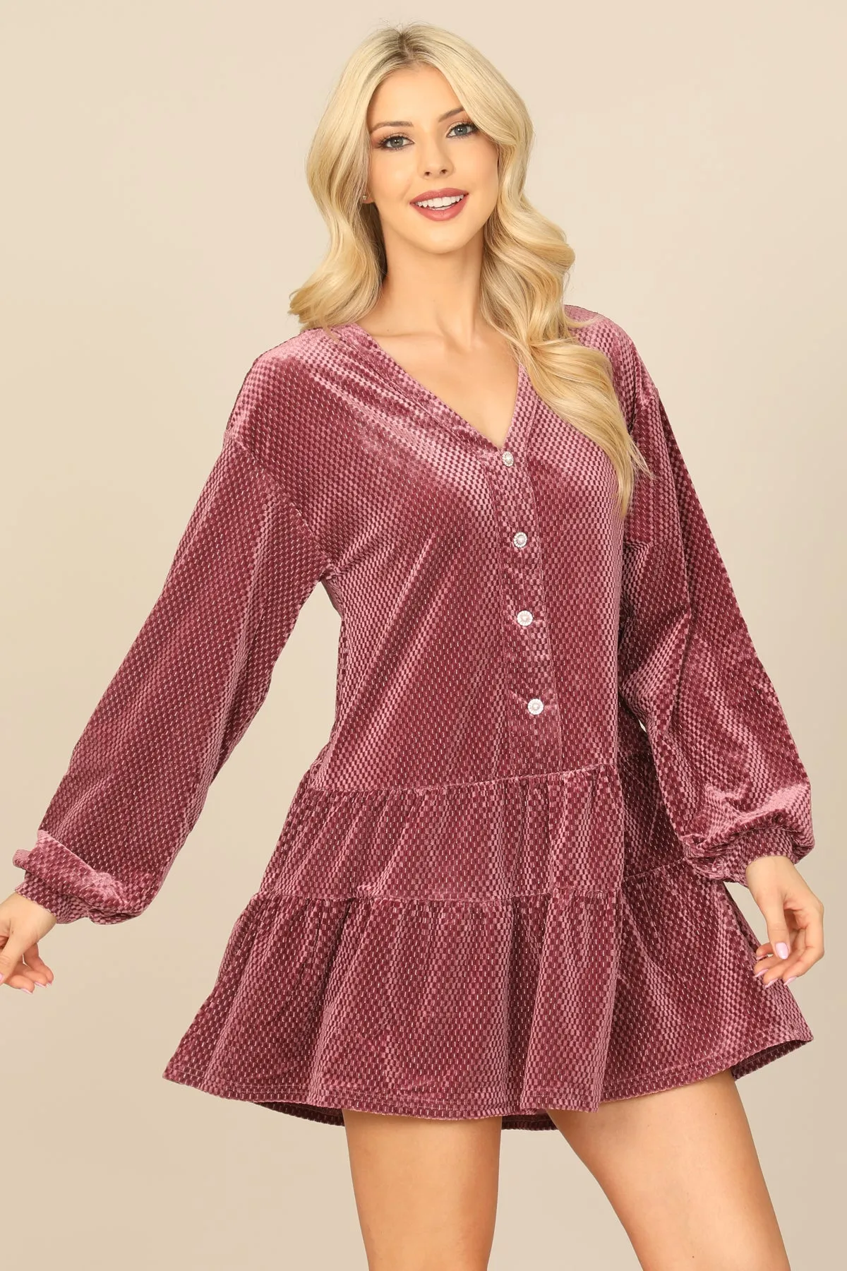 VELVET LONG PUFF SLEEVE BUTTON DETAIL SILVER DETAIL DRESS