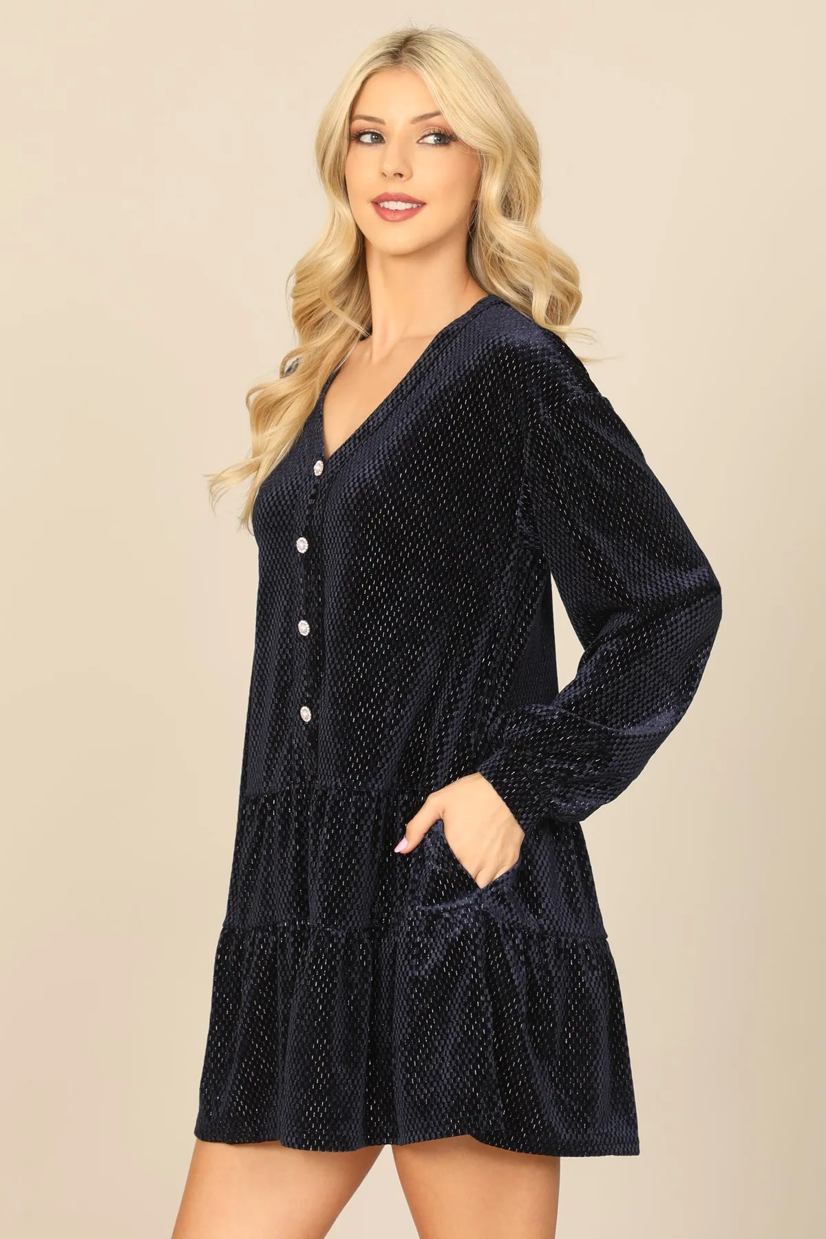 VELVET LONG PUFF SLEEVE BUTTON DETAIL SILVER DETAIL DRESS