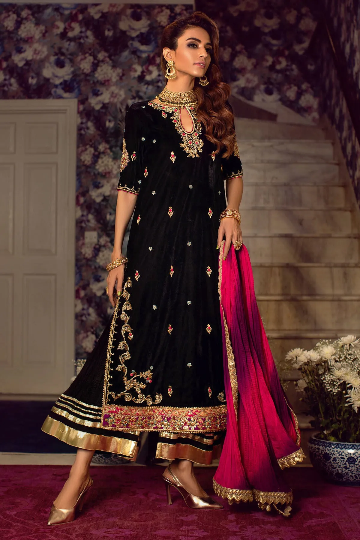 Velvet Pakistani Dress in Capri Kameez Style #PN569