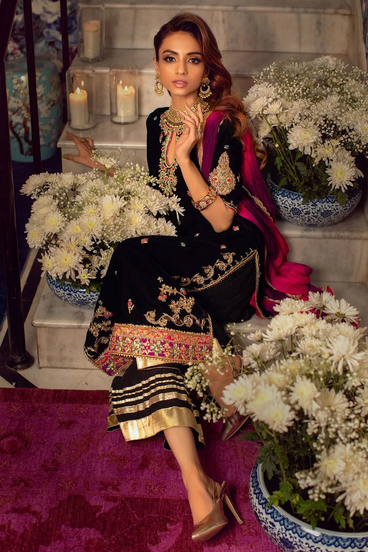 Velvet Pakistani Dress in Capri Kameez Style #PN569