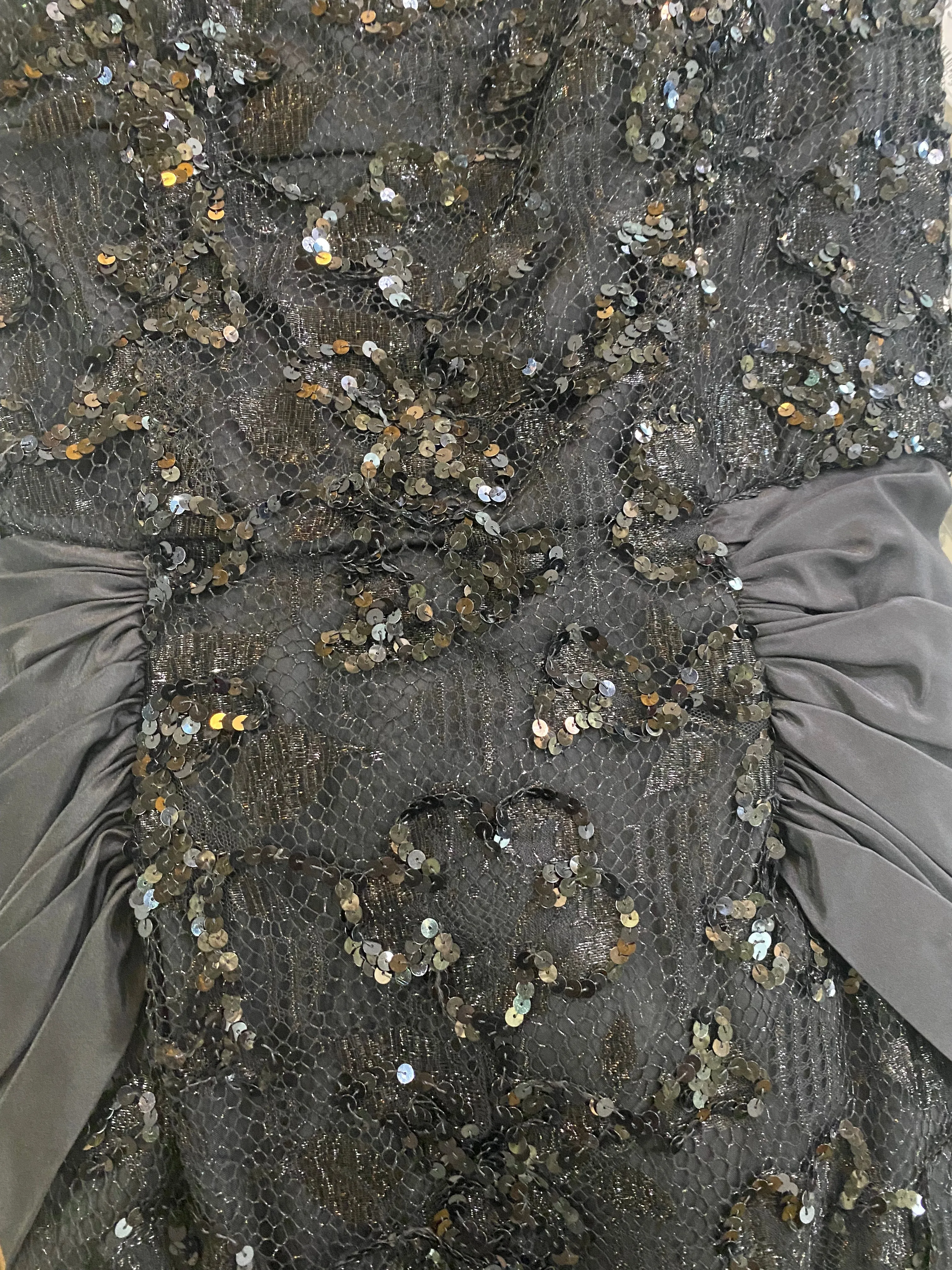 Vicky Tiel 80s Black Strapless Lace and Sequin Cocktail Dress