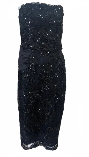 Vicky Tiel 80s Black Strapless Lace and Sequin Cocktail Dress