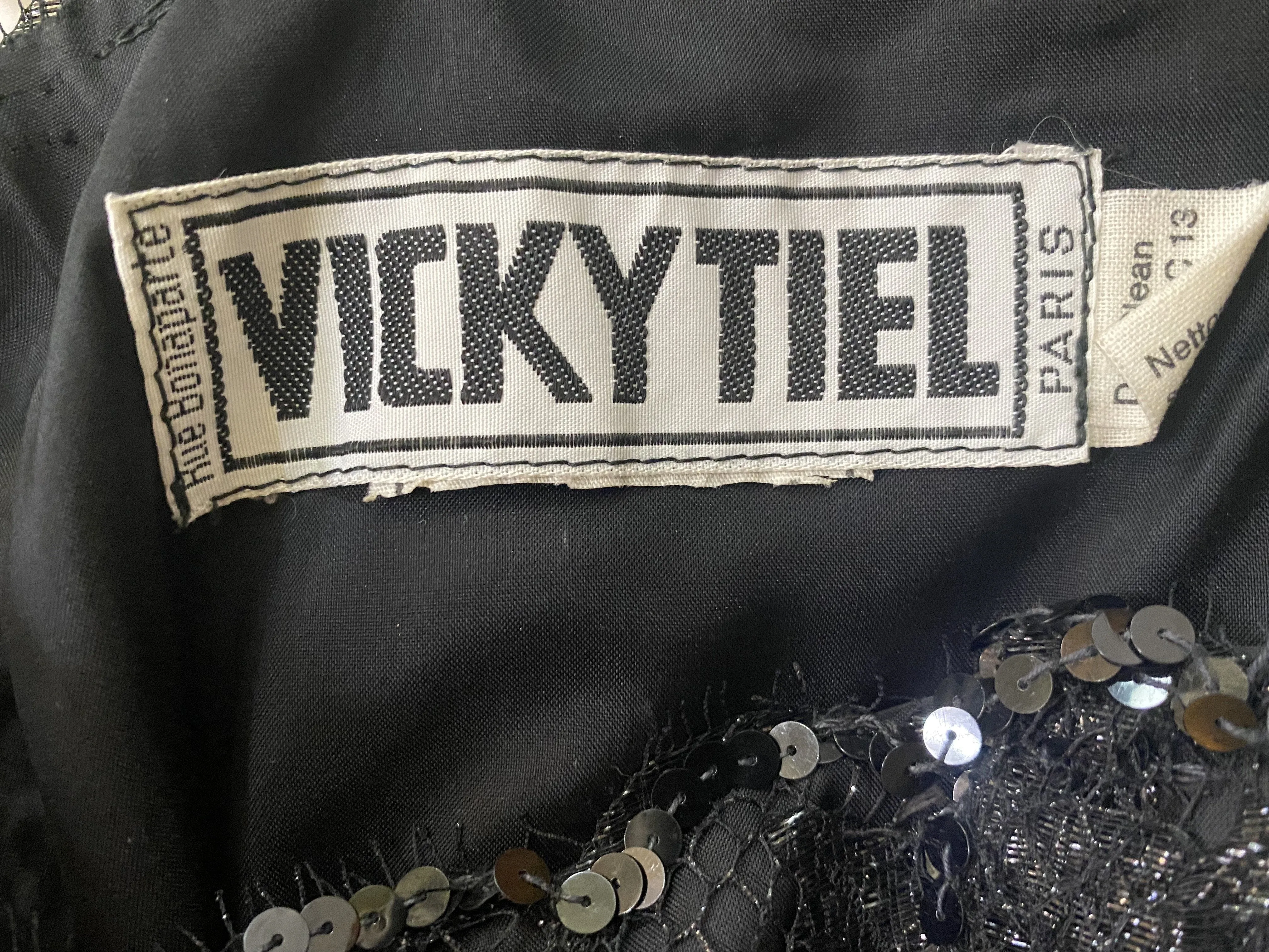 Vicky Tiel 80s Black Strapless Lace and Sequin Cocktail Dress