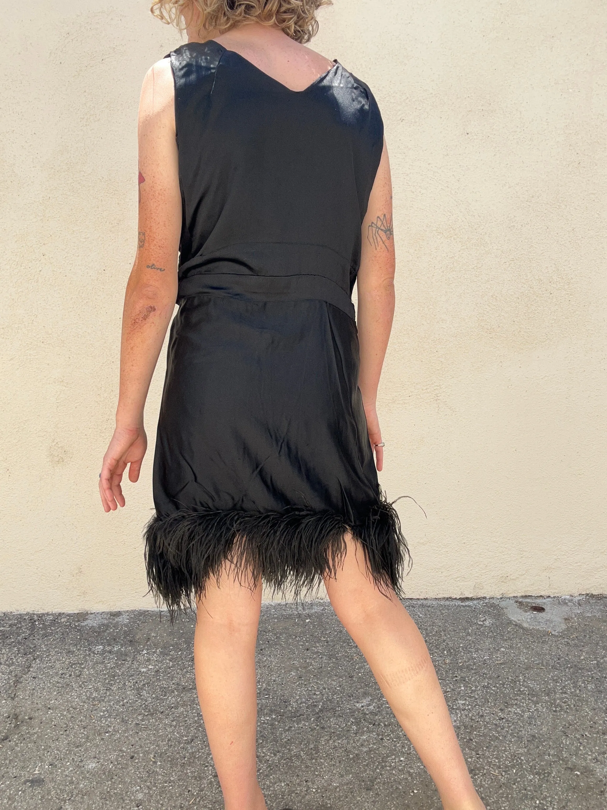 Victorian Black Silk Dress with Feathers