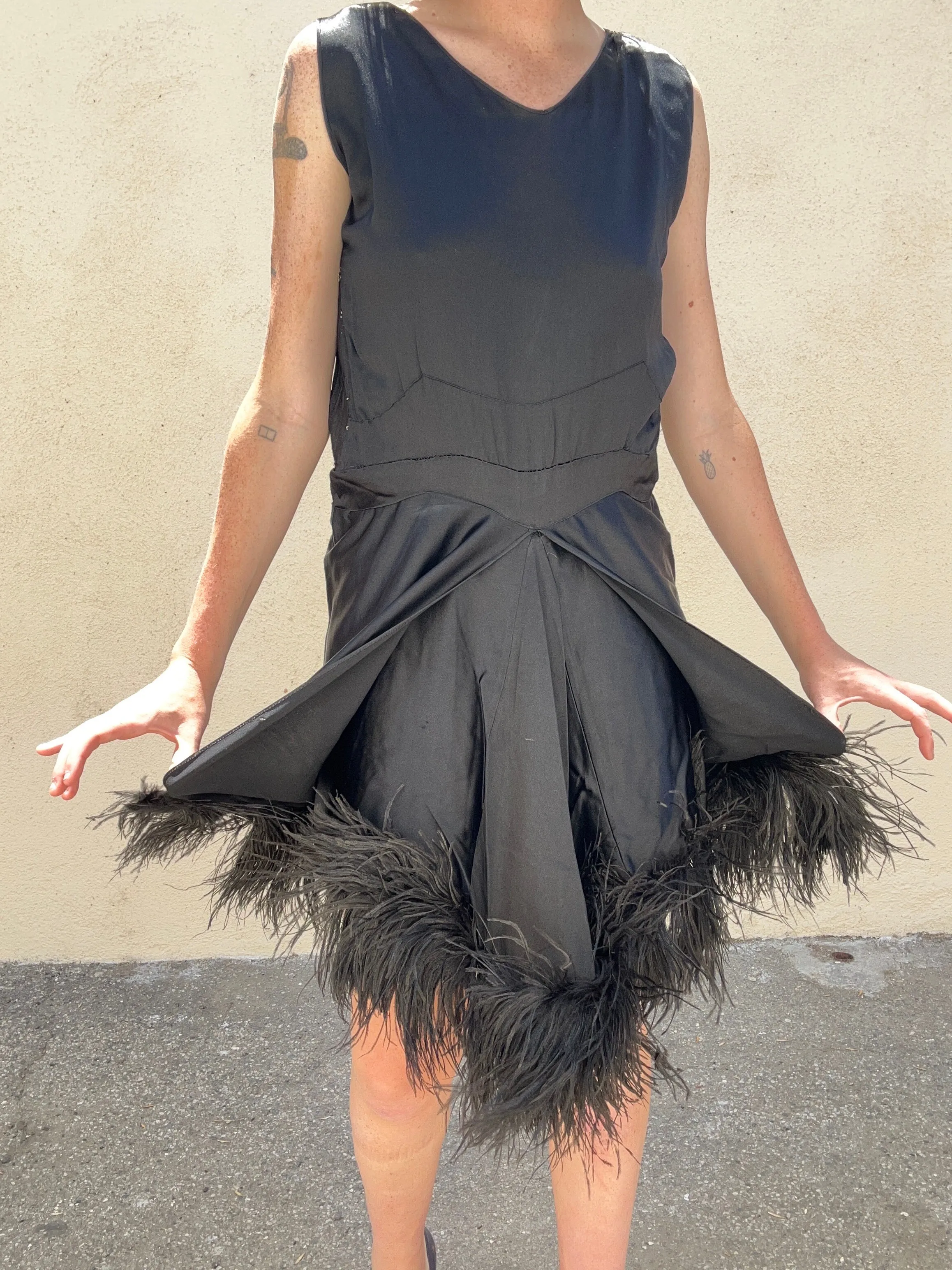 Victorian Black Silk Dress with Feathers