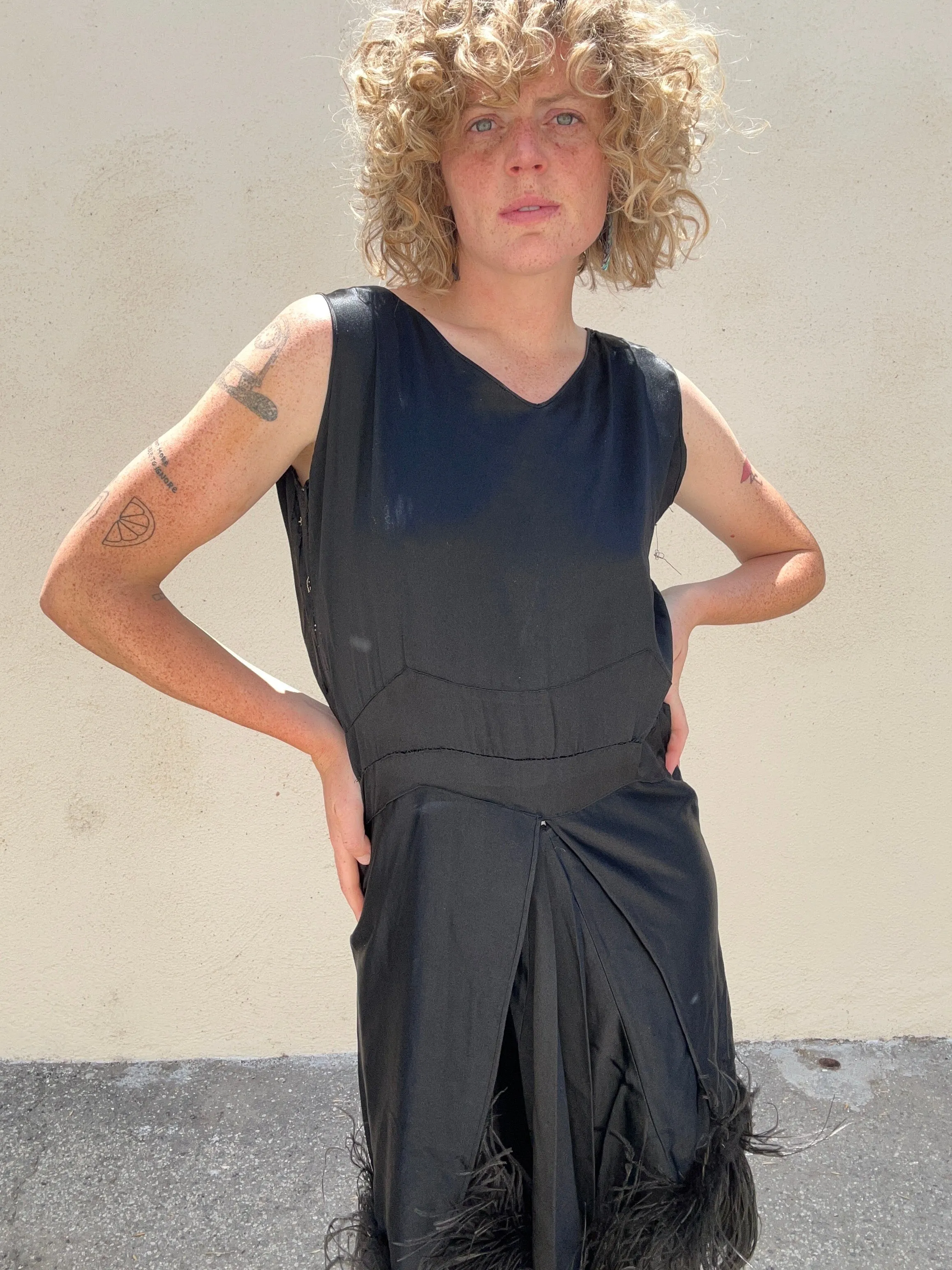 Victorian Black Silk Dress with Feathers