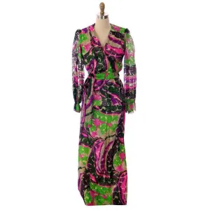 Vintage 2 PC Burnout Maxi Dress & Jacket 1970s Bright Colors