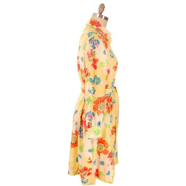 Vintage A-line Dress Yellow Printed Floral Large 1970s Leo Narducci