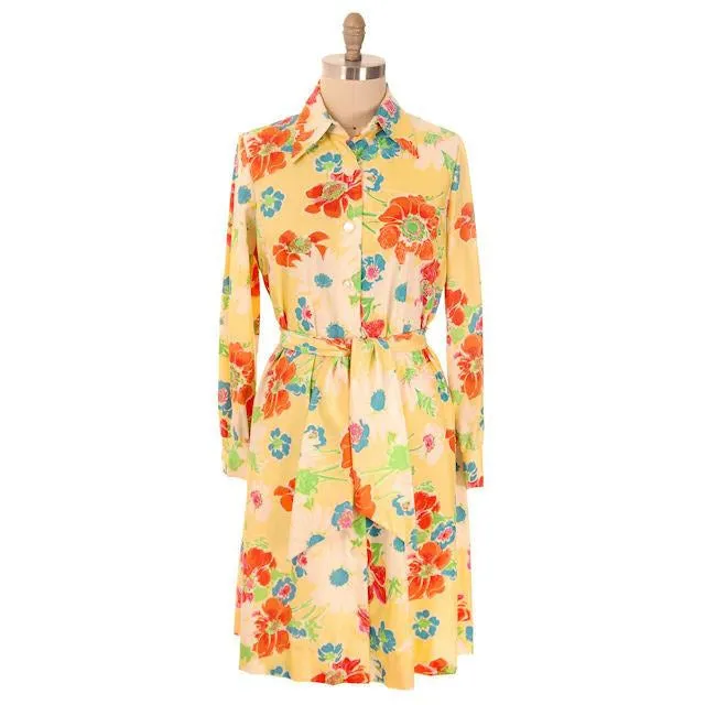 Vintage A-line Dress Yellow Printed Floral Large 1970s Leo Narducci