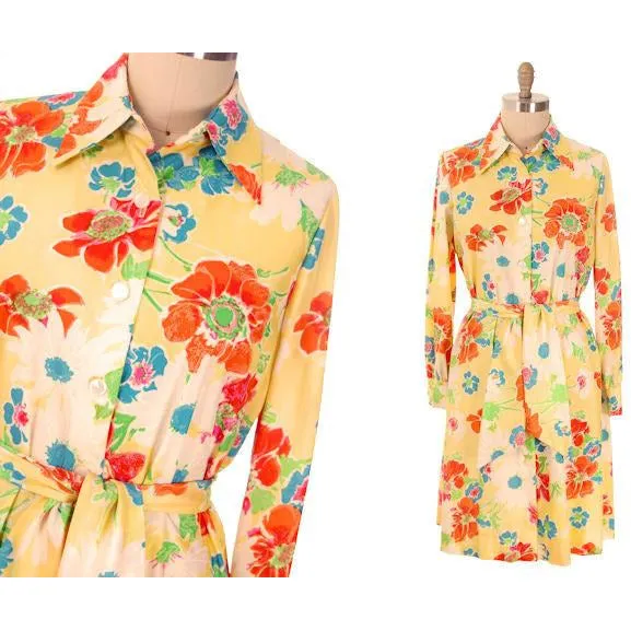 Vintage A-line Dress Yellow Printed Floral Large 1970s Leo Narducci