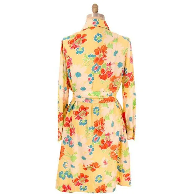 Vintage A-line Dress Yellow Printed Floral Large 1970s Leo Narducci
