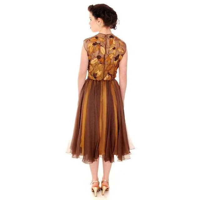 Vintage Brown Silk Chiffon Beaded Cocktail Dress Harvey Berin 1950S 34-24-Free
