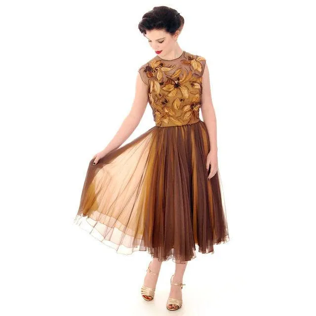 Vintage Brown Silk Chiffon Beaded Cocktail Dress Harvey Berin 1950S 34-24-Free