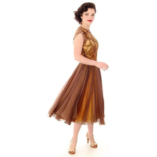 Vintage Brown Silk Chiffon Beaded Cocktail Dress Harvey Berin 1950S 34-24-Free