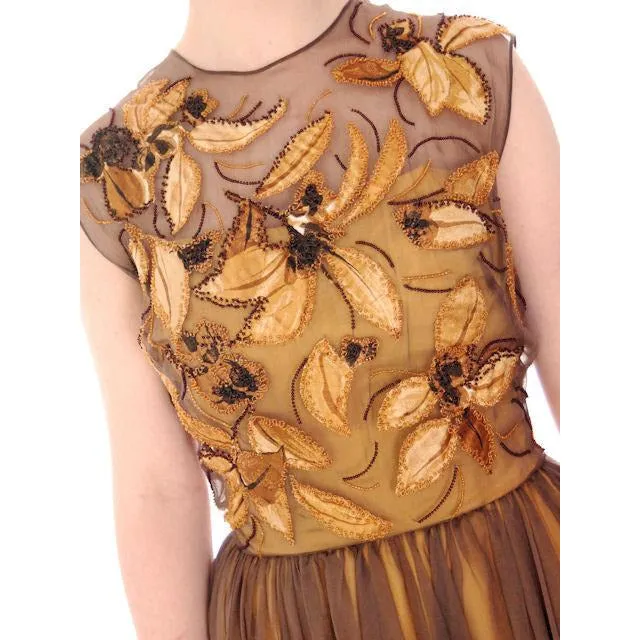 Vintage Brown Silk Chiffon Beaded Cocktail Dress Harvey Berin 1950S 34-24-Free