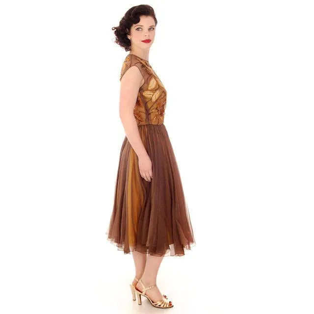 Vintage Brown Silk Chiffon Beaded Cocktail Dress Harvey Berin 1950S 34-24-Free