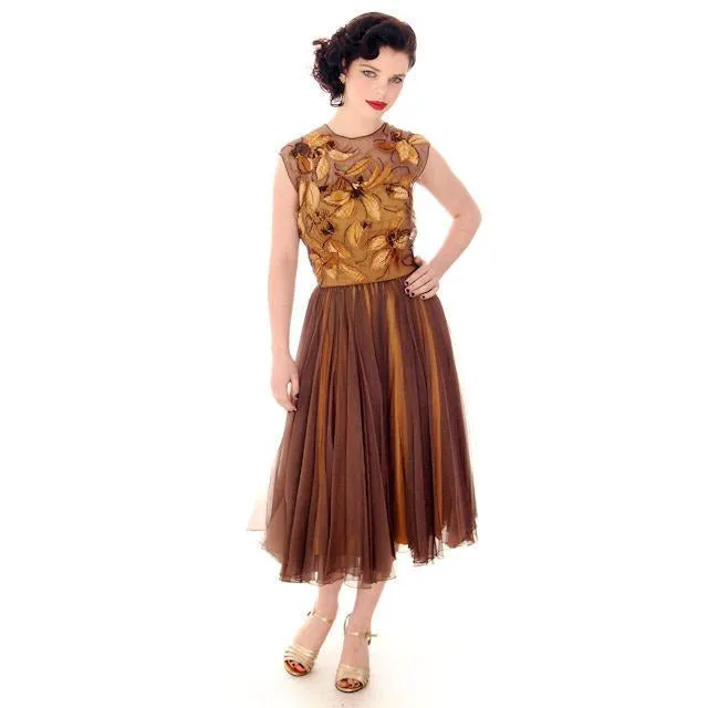 Vintage Brown Silk Chiffon Beaded Cocktail Dress Harvey Berin 1950S 34-24-Free