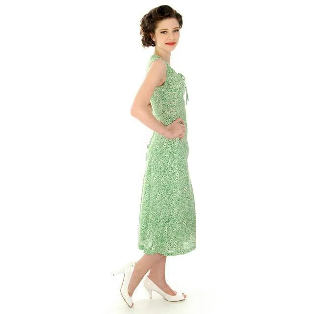 Vintage Green Printed Sun Dress Cotton 1940s Germany 32-24-35