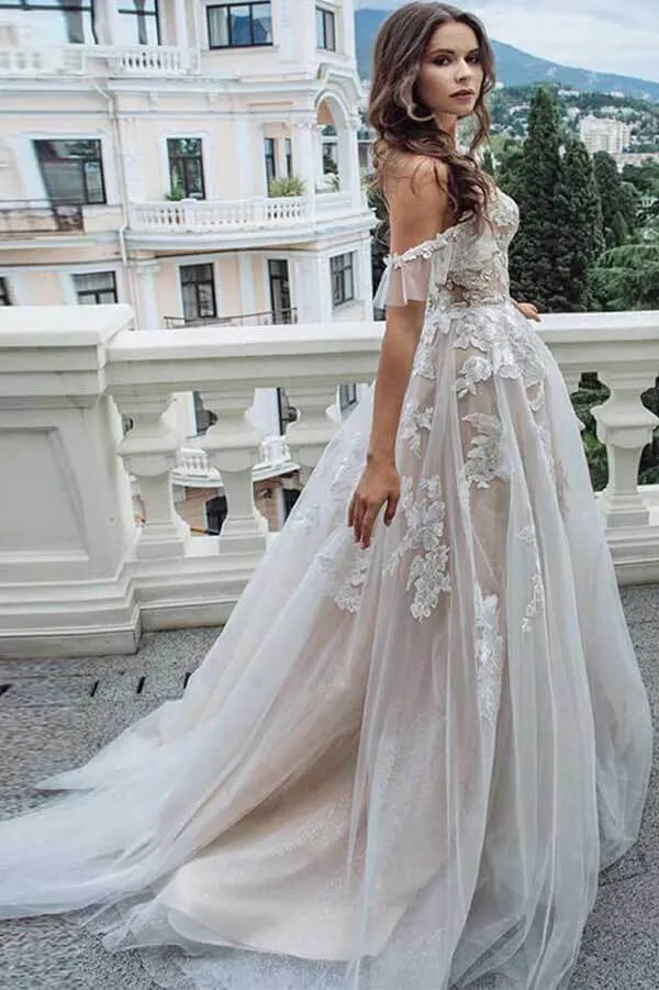 Vintage Lace A-line Sweetheart Off-the-Shoulder Beach Wedding Dresses, MW735