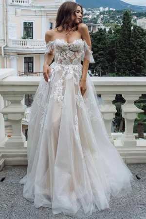 Vintage Lace A-line Sweetheart Off-the-Shoulder Beach Wedding Dresses, MW735