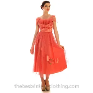Vintage Strapless 1950s Prom Gown Tulle & Satin Coral Colored Small  Tea Length