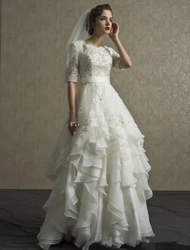 Vintage Wedding Dress With Half Sleeves Organza Appliques And Lots Of Floor Length Ruffles In Skirt
