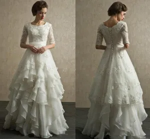 Vintage Wedding Dress With Half Sleeves Organza Appliques And Lots Of Floor Length Ruffles In Skirt