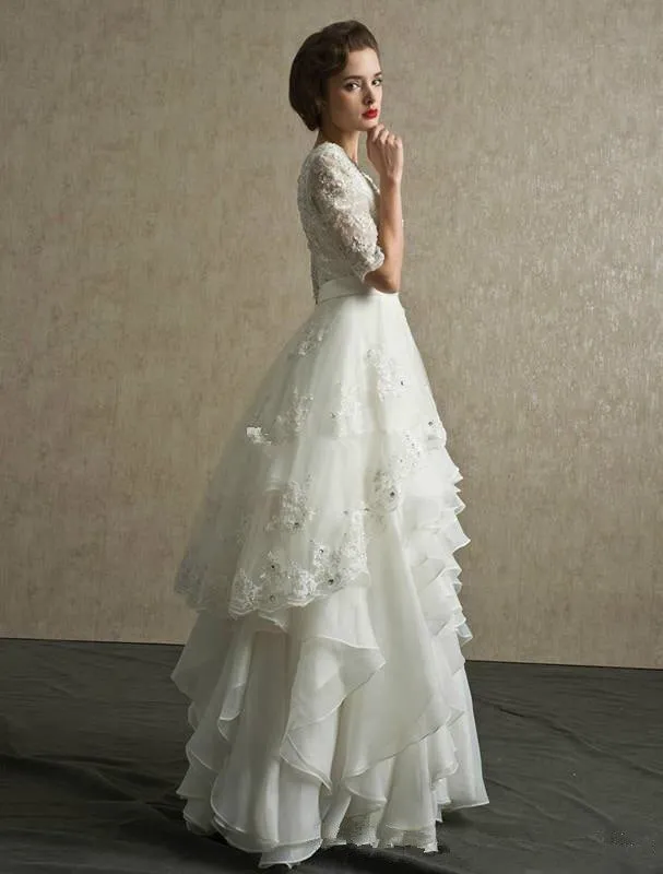 Vintage Wedding Dress With Half Sleeves Organza Appliques And Lots Of Floor Length Ruffles In Skirt