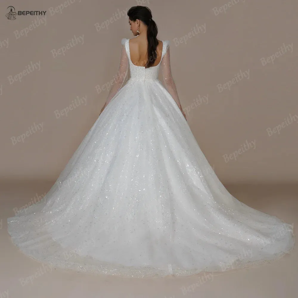 Wedding Dresses For Women Long Sleeves Glitter Open Back Bridal Modern