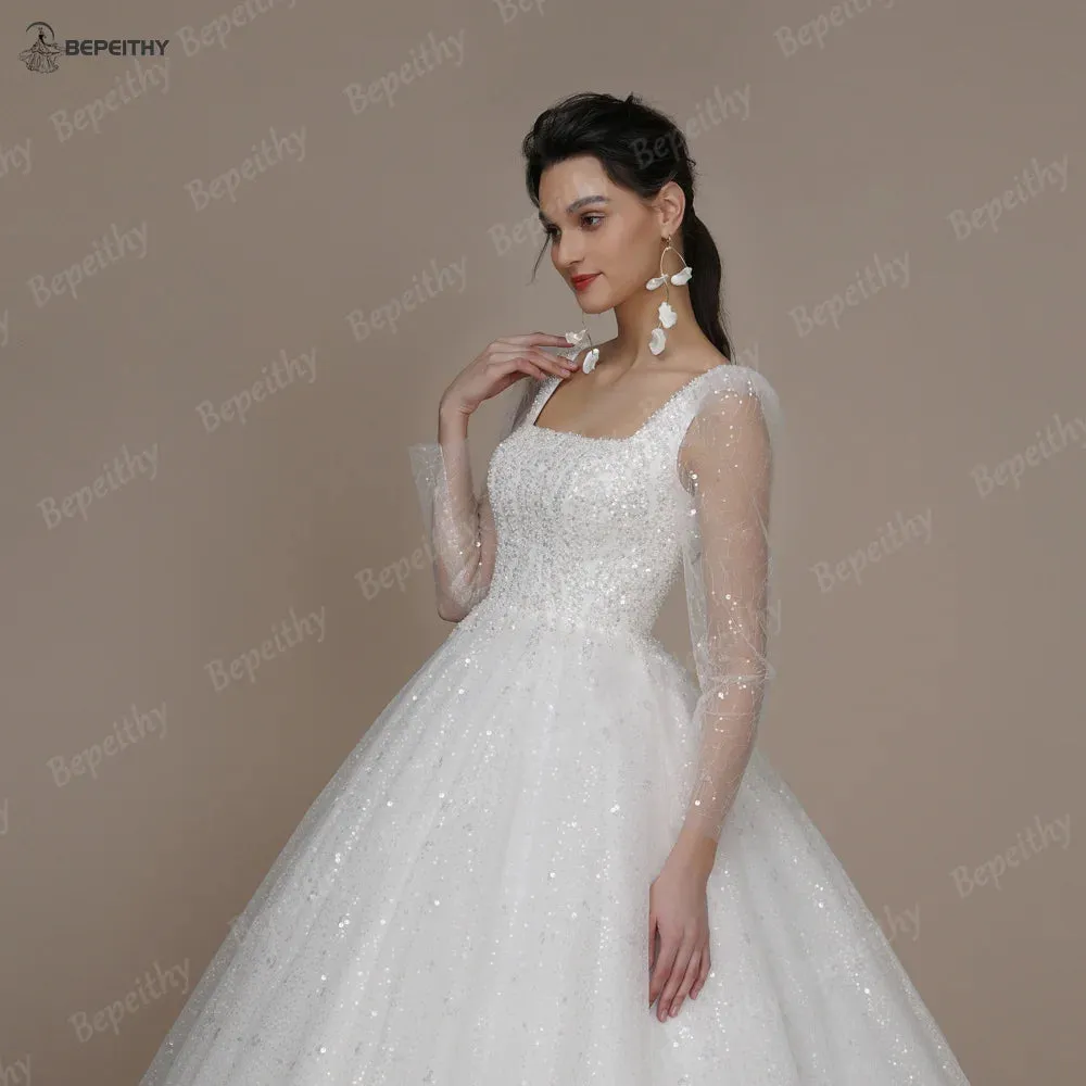 Wedding Dresses For Women Long Sleeves Glitter Open Back Bridal Modern