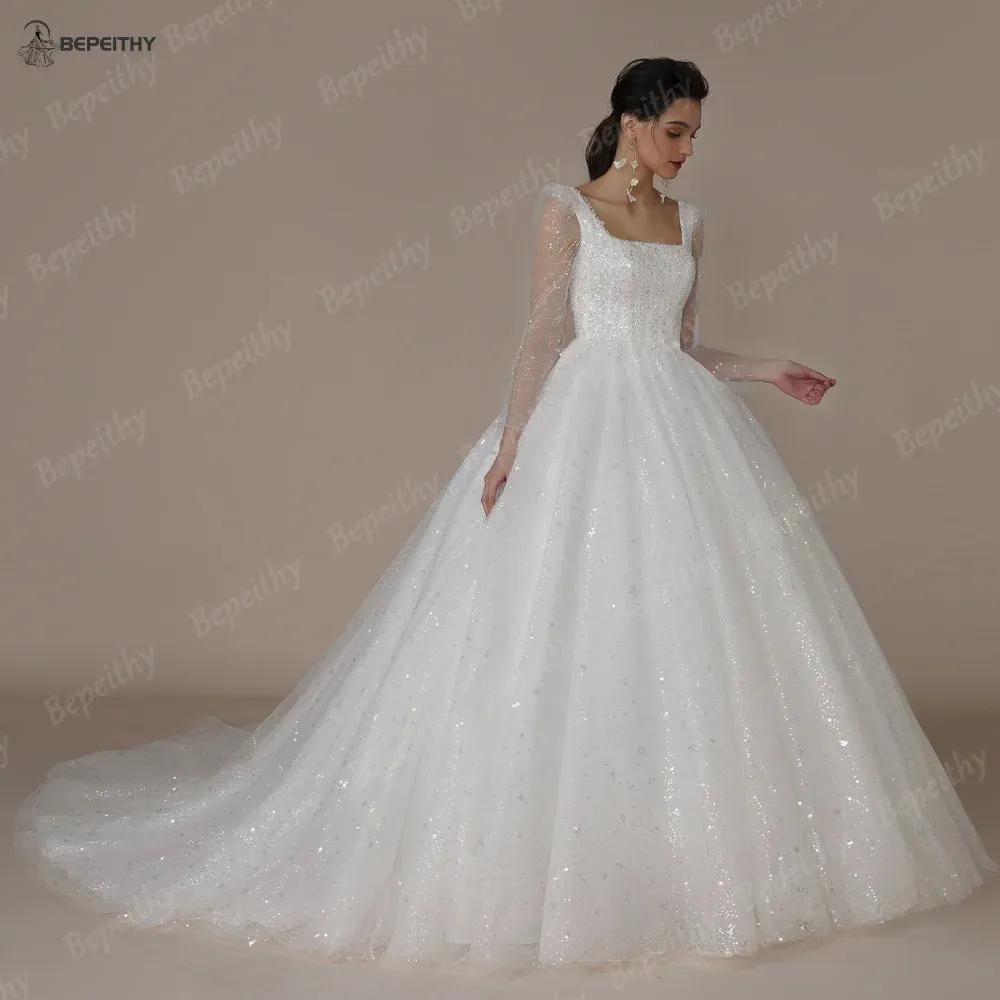 Wedding Dresses For Women Long Sleeves Glitter Open Back Bridal Modern