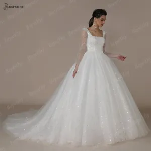 Wedding Dresses For Women Long Sleeves Glitter Open Back Bridal Modern