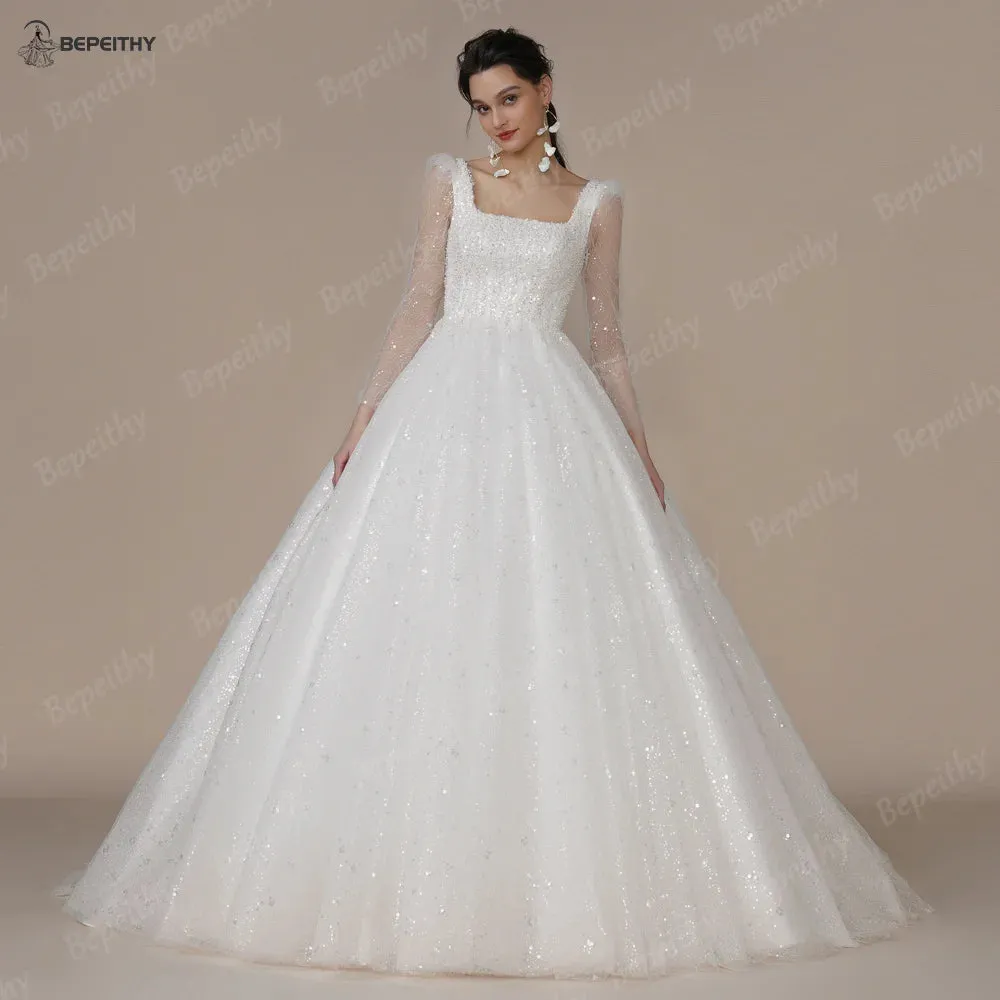 Wedding Dresses For Women Long Sleeves Glitter Open Back Bridal Modern