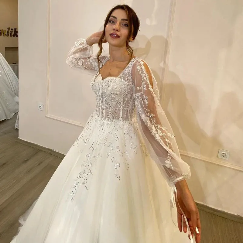 Wedding Dresses Sweetheart Appliques Bridal Dress Puff Sleeve Tulle
