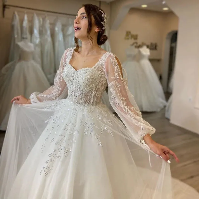 Wedding Dresses Sweetheart Appliques Bridal Dress Puff Sleeve Tulle