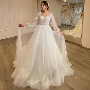 Wedding Dresses Sweetheart Appliques Bridal Dress Puff Sleeve Tulle