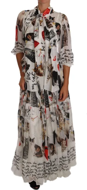 White Bengal Cat Long Maxi Gown silk Dress