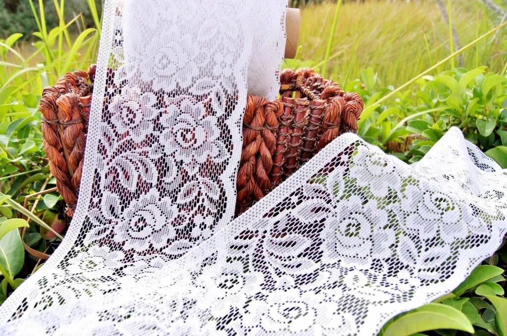 White Flower Roses Flat Lace Trim 6" wide