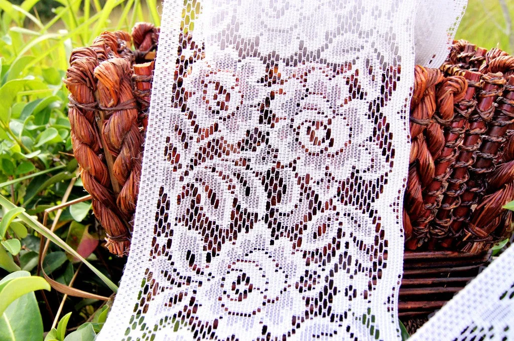 White Flower Roses Flat Lace Trim 6" wide