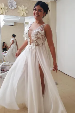 White lace chiffon long prom dress, white lace evening dress