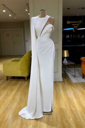 White One Shoulder Satin Mermaid Prom Dress High Neck Evening Maxi Dress