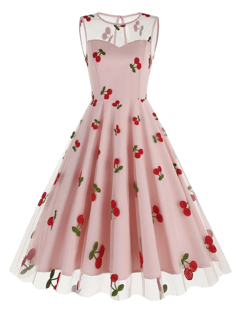 White Semi Mesh Cherry Embroidered Sleeveless 50S Swing Dress