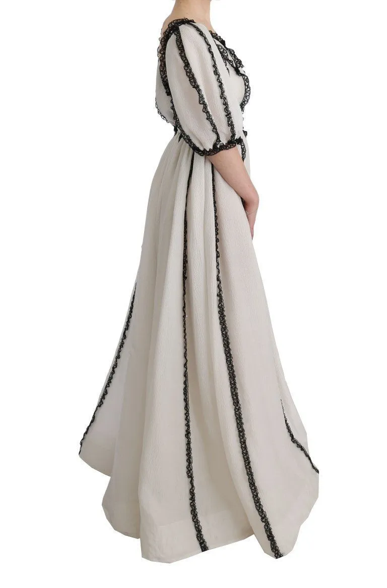 White Silk Black Lace Maxi Dress