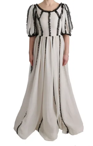 White Silk Black Lace Maxi Dress