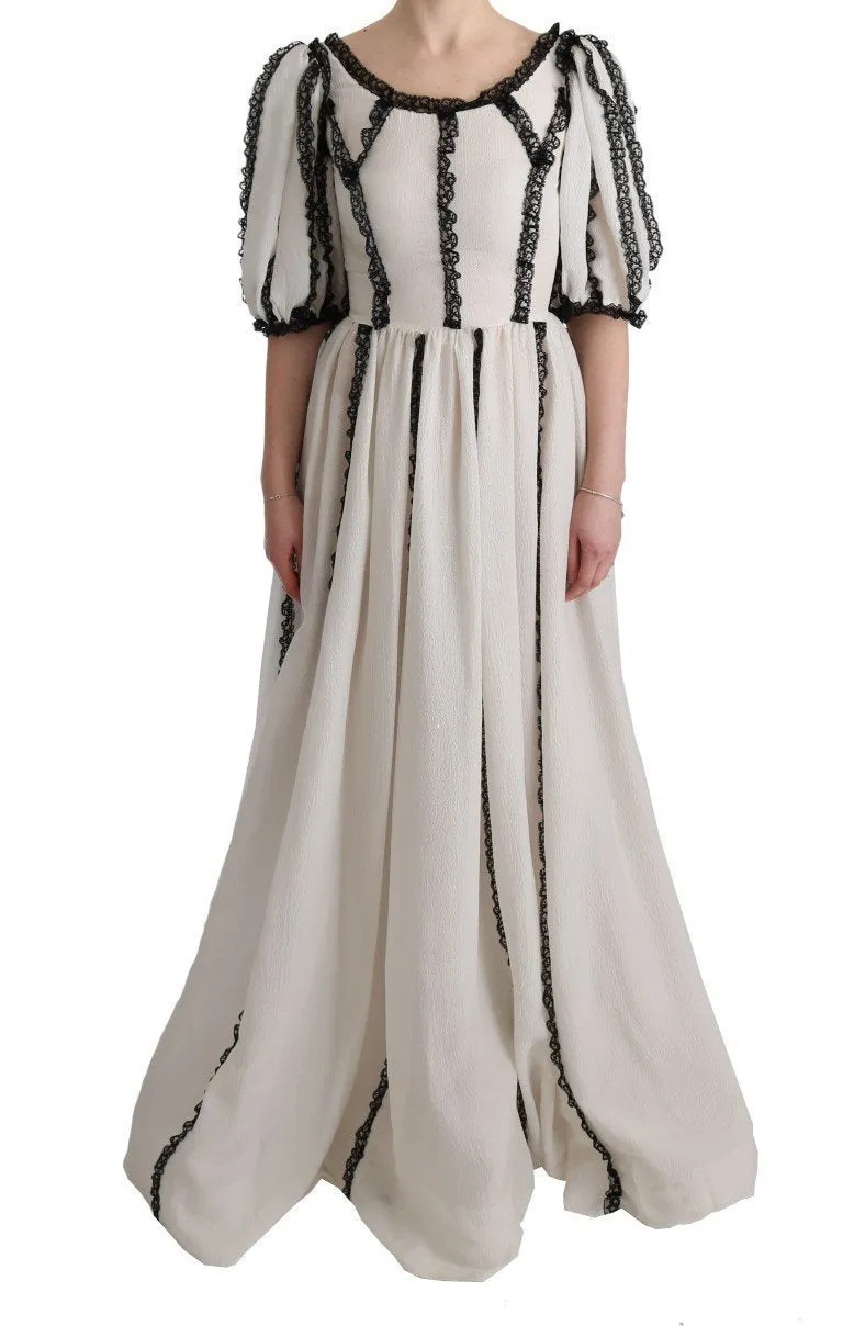 White Silk Black Lace Maxi Dress
