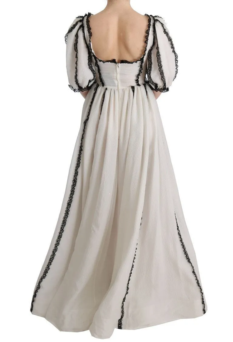 White Silk Black Lace Maxi Dress