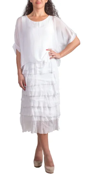 White Silk Scoop Neck Maxi Ruffle Dress
