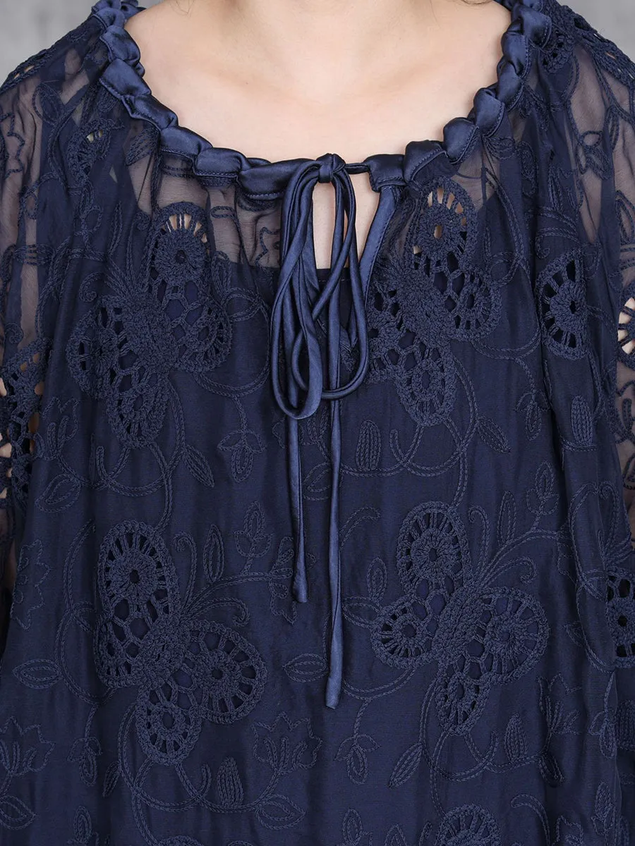 Women Spring Artsy Lace Flower O-Neck Loose Dress