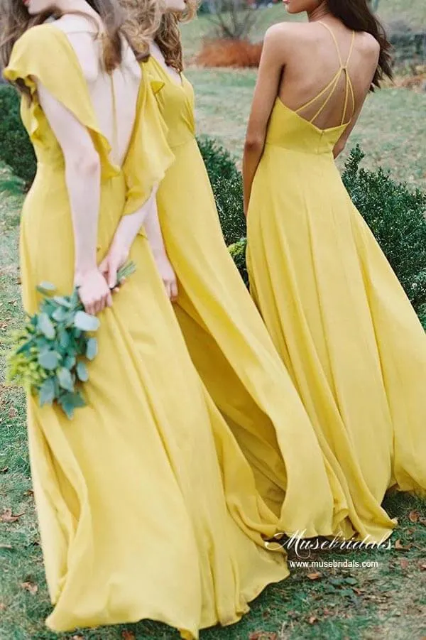 Yellow Chiffon A-line Modest Bridesmaid Dresses, Wedding Party Dress, MBD192
